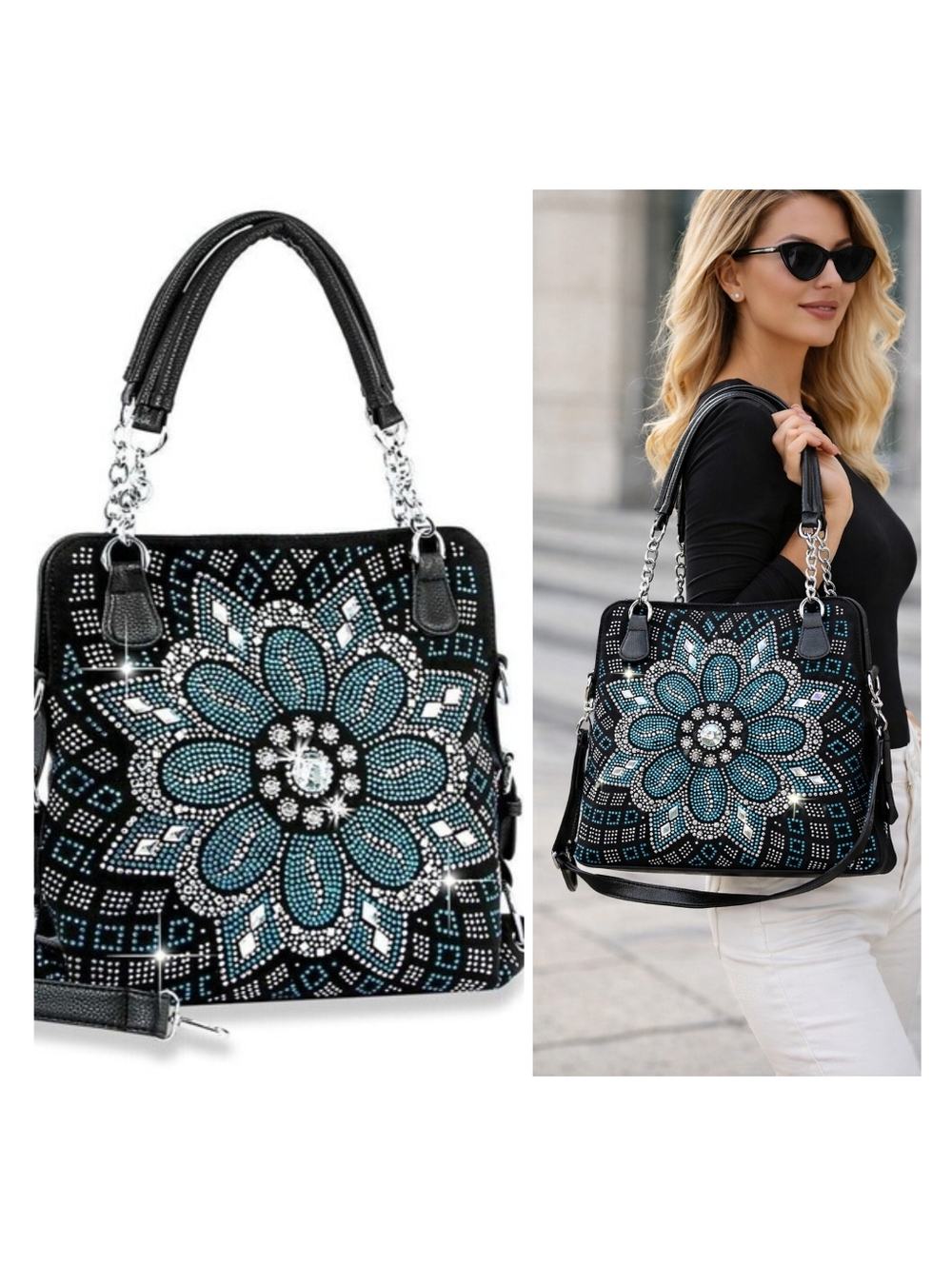 Boho Flower Blue Rhinestone Covered Floral Pattern Handbag Purse